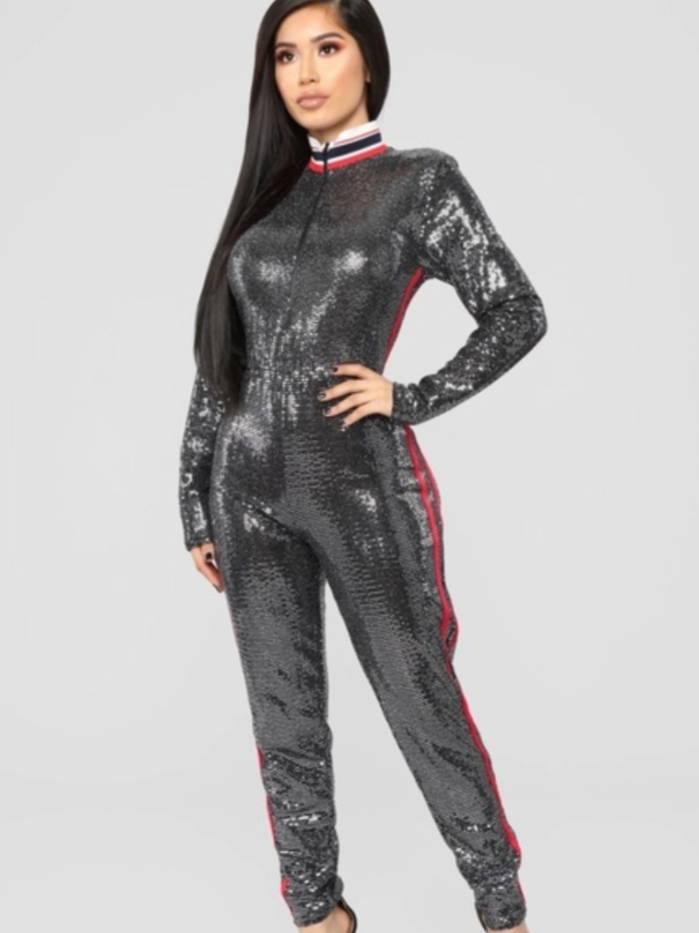 Fashion Nova Black Sequin Zip Jumpsuit with Red Trim